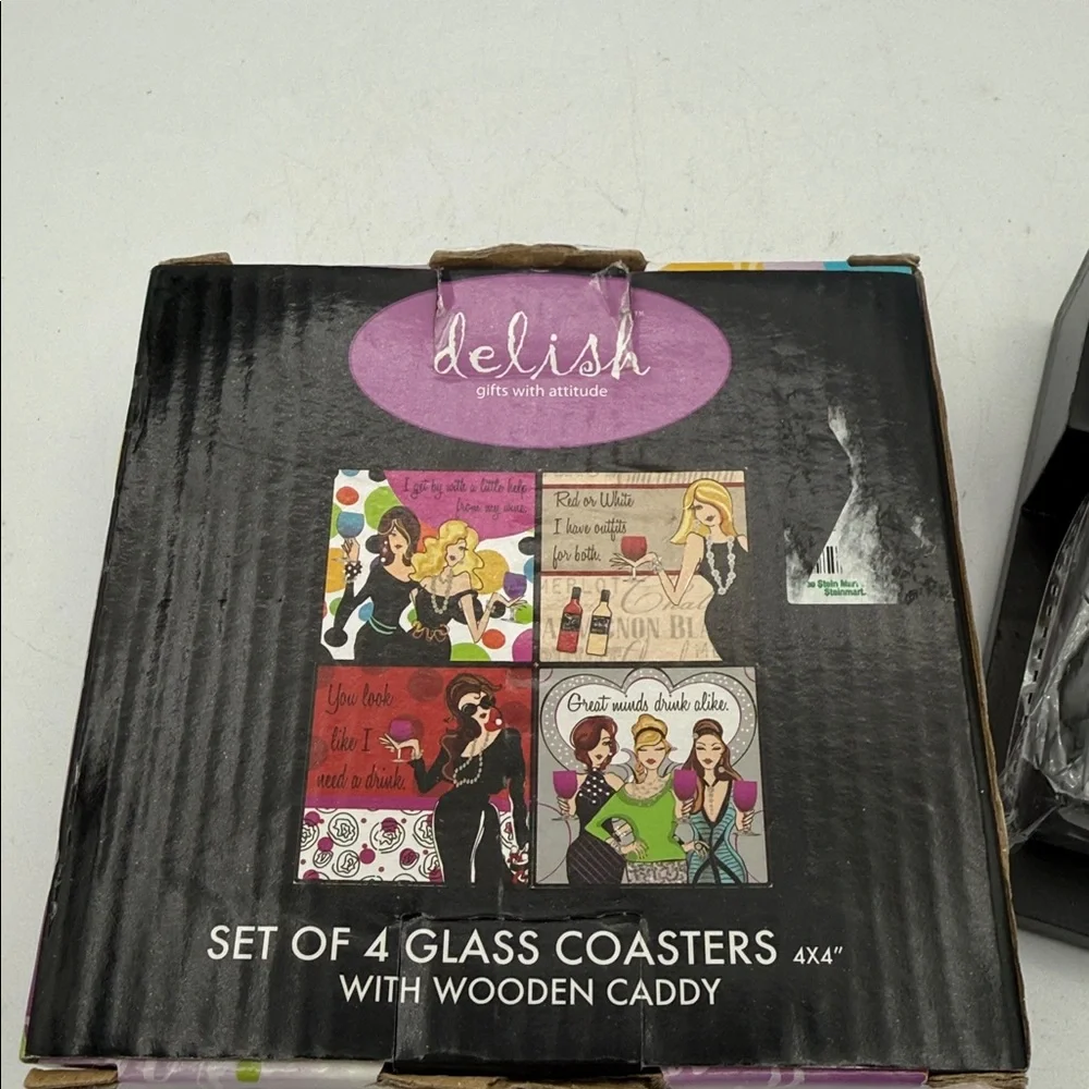 Delish set of 4 glass coaster w/ wooden caddy gifts w/ attitude